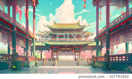 手绘卡通动漫中国风节日氛围街道建筑背景插画 107791692