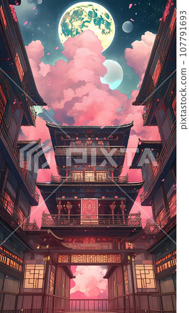 手绘卡通动漫中国风节日氛围街道建筑背景插画 107791693