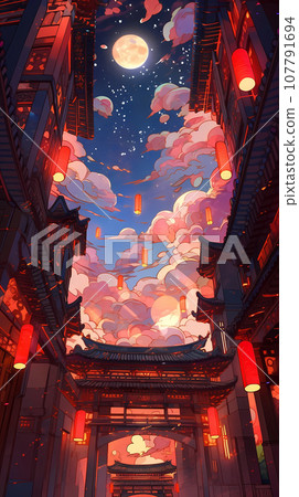 手绘卡通动漫中国风节日氛围街道建筑背景插画 107791694