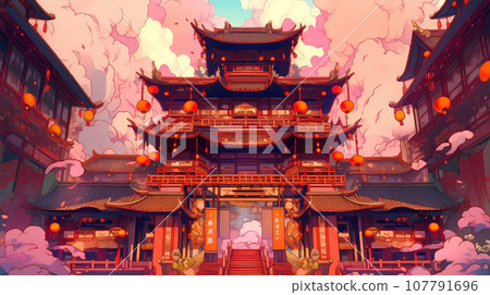 手绘卡通动漫中国风节日氛围街道建筑背景插画 107791696