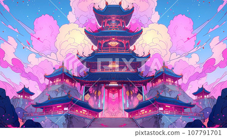 手绘卡通动漫中国风节日氛围街道建筑背景插画 107791701