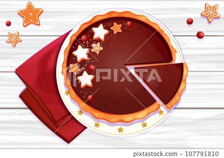 Christmas pie chocolate with slice decorated with gingerbread srats and cranberry top view on holiday plate on wooden table in cartoon style. 107791810