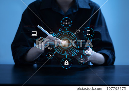 Person using smartphone, tablet  with SDK icon on virtual screen. SDK Software development kit programming language technology concept in office. 107792375