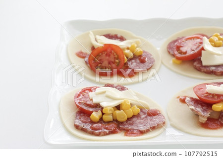 Salami and tomato mini pizza Salami and tomato mini pizza 107792515