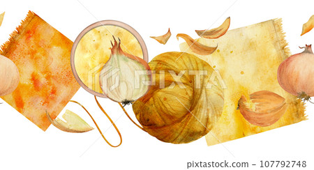 Hand drawn watercolor vegetable onion coloring natural plant dye, hobby materials, handmade fabric. Illustration isolated seamless banner, white background. Shop logo, website, business card, booklet Hand drawn watercolor vegetable onion coloring natural plant dye, hobby materials, handmade fabric. Illustration isolated seamless banner, white background. Shop logo, website, business card, booklet 107792748