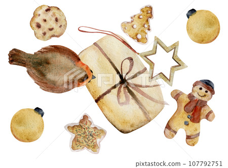 Hand drawn watercolor illustration. Craft gift box with ribbon, homemade shortbread cookies, gingerbread man, tree, bauble. Composition isolated on white background. For shop, logo, print, paper, card 107792751