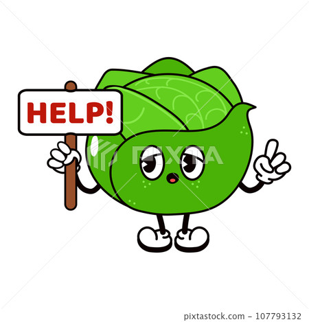 Cabbage with an inscription help character. Vector hand drawn traditional cartoon vintage, retro, kawaii character illustration icon. Isolated white background. Cabbage character 107793132