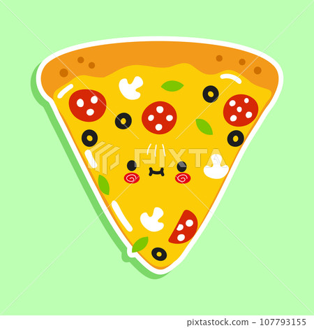 Slice of pizza sticker character. Vector hand drawn cartoon kawaii character illustration icon. Isolated on green background. Pizza character concept 107793155