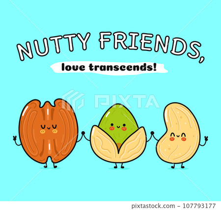 Cute, funny happy pecan, pistachio and cashews nut. Vector hand drawn cartoon kawaii characters, illustration icon. Funny happy cartoon pecan, pistachio and cashew nut mascot friends concept Cute, funny happy pecan, pistachio and cashews nut. Vector hand drawn cartoon kawaii characters, illustration icon. Funny happy cartoon pecan, pistachio and cashew nut mascot friends concept 107793177