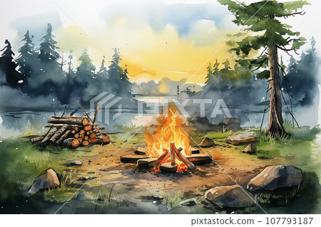 Camping bonfire in pine forest watercolor painting. Generative AI of outdoor activity. Camping bonfire in pine forest watercolor painting. Generative AI of outdoor activity. 107793187