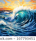 Beautiful drawing of a sea wave illuminated by the sun. Colorful ocean wave. Sea water wave shape. Sunset light and clouds on the background. AI Generated 107793451