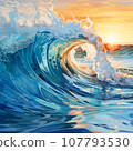 Beautiful illustration of a ocean wave illuminated by the sun. Sea water wave shape. Sunset light and clouds on the background. AI Generated 107793530