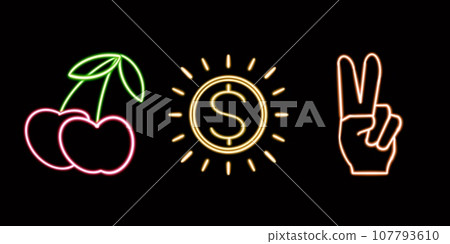 Neon Finance and Casino Set, Coin, Hand, Cherries. glowing desktop icon, neon sticker, neon figure, glowing figure, neon geometrical figures  107793610