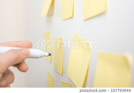 Brainstorming for strategy plan. Business people meeting and use post it notes to share idea on sticky note. Using task control of agile development methodology Brainstorming for strategy plan. Business people meeting and use post it notes to share idea on sticky note. Using task control of agile development methodology 107793649
