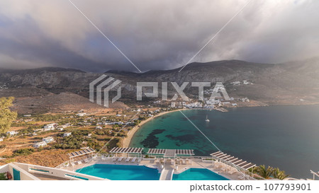 Panorama showing Amorgos island aerial timelapse from above. Greece 107793901