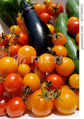Fresh summer vegetables harvested from the home garden: cherry tomatoes, eggplant, cucumbers Fresh summer vegetables harvested from the home garden: cherry tomatoes, eggplant, cucumbers 107794031