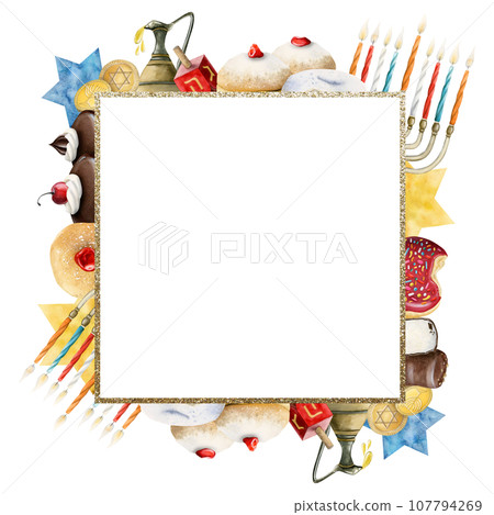 Watercolor Hanukkah greeting card square frame template illustration of traditional Jewish Chanukkah miracle symbols, dreidels, donuts, menorah with candles, oil jar, star David glowing lights Watercolor Hanukkah greeting card square frame template illustration of traditional Jewish Chanukkah miracle symbols, dreidels, donuts, menorah with candles, oil jar, star David glowing lights 107794269