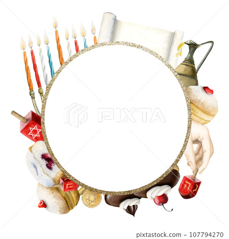 Watercolor Hanukkah greeting card round frame template illustration of traditional Jewish Chanukkah symbols, dreidels, donuts, menorah candles, oil jar, star David glowing lights Watercolor Hanukkah greeting card round frame template illustration of traditional Jewish Chanukkah symbols, dreidels, donuts, menorah candles, oil jar, star David glowing lights 107794270