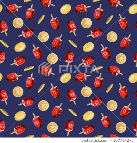 Dark blue watercolor Hanukkah dreidels and gold coins gelt seamless pattern for Jewish holiday symbols, traditional sevivons Dark blue watercolor Hanukkah dreidels and gold coins gelt seamless pattern for Jewish holiday symbols, traditional sevivons 107794273