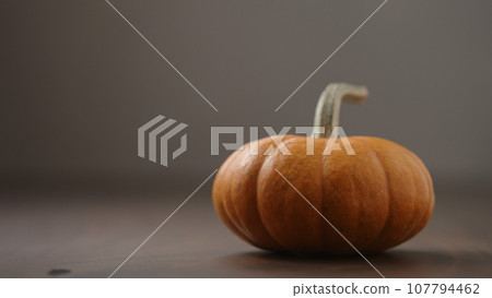 small orange pumpkin on walnut table with white and 107794462