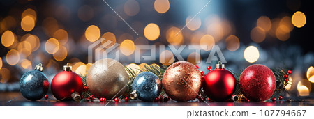 Close up of lighted Christmas tree Ornament, winter holidays decoration, copy Space, greeting card Close up of lighted Christmas tree Ornament, winter holidays decoration, copy Space, greeting card 107794667