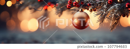 Close up of lighted Christmas tree Ornament, winter holidays decoration, copy Space, greeting card Close up of lighted Christmas tree Ornament, winter holidays decoration, copy Space, greeting card 107794683