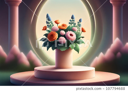 3d render of vase with flowers in front of a stage. Generative AI 107794688