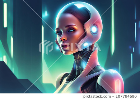 3D rendering of a female cyborg in a futuristic background. Generative AI 107794690