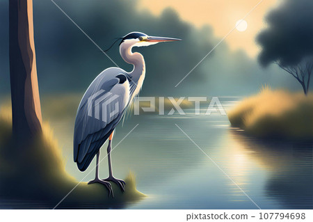 A great blue heron on the background of nature. Generative AI 107794698