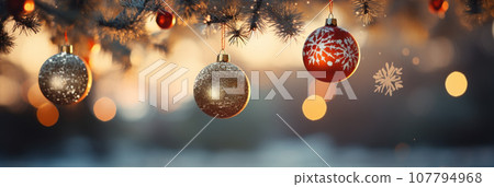 Close up of lighted Christmas tree Ornament, winter holidays decoration, copy Space, greeting card 107794968