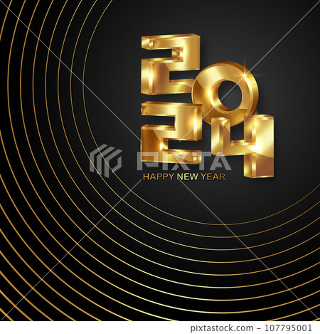 New year 2024 3D gold numbers. Decorative greeting card 2024 happy new year. Luxury circles, creative Christmas banner, square shape vector illustration isolated on black background  107795001