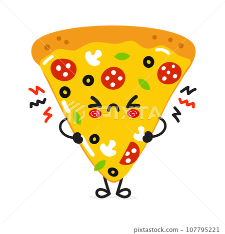 Cute angry Slice of pizza character. Vector hand drawn cartoon kawaii character illustration icon. Isolated on white background. Sad Pizza character concept 107795221
