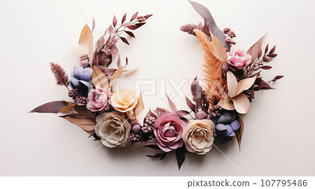 Top view of Blooming colorful wreath flowers and petals isolated on white table background, Floral frame composition, copy space, flat lay 107795486