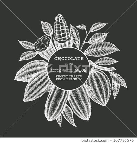 Cocoa Chalk Board Vector Banner Template. Chocolate Retro Cocoa Beans Background. Vintage Style Hand Drawn Illustration. Cocoa Chalk Board Vector Banner Template. Chocolate Retro Cocoa Beans Background. Vintage Style Hand Drawn Illustration. 107795576