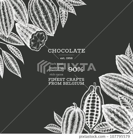 Cocoa Chalk Board Vector Banner Template. Chocolate Retro Cocoa Beans Background. Vintage Style Hand Drawn Illustration. Cocoa Chalk Board Vector Banner Template. Chocolate Retro Cocoa Beans Background. Vintage Style Hand Drawn Illustration. 107795579