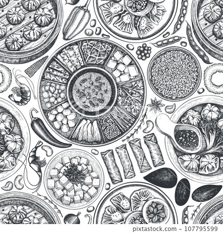 Chinese Cuisine Background. Vector Hand Drawn Asian Food Seamless Pattern. Vintage Style Menu Illustration. 107795599