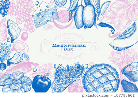 Mediterranean Cuisine Design Template. Vector Hand Drawn Healthy Food Banner. Vintage Style Menu Illustration. Mediterranean Cuisine Design Template. Vector Hand Drawn Healthy Food Banner. Vintage Style Menu Illustration. 107795601