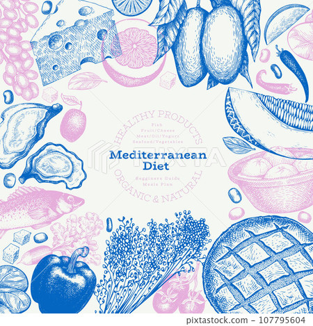 Mediterranean Cuisine Design Template. Vector Hand Drawn Healthy Food Banner. Vintage Style Menu Illustration. 107795604