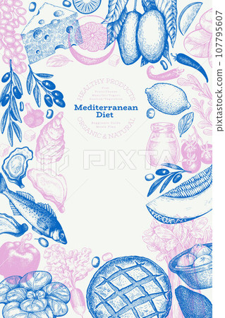 Mediterranean Cuisine Design Template. Vector Hand Drawn Healthy Food Banner. Vintage Style Menu Illustration. Mediterranean Cuisine Design Template. Vector Hand Drawn Healthy Food Banner. Vintage Style Menu Illustration. 107795607