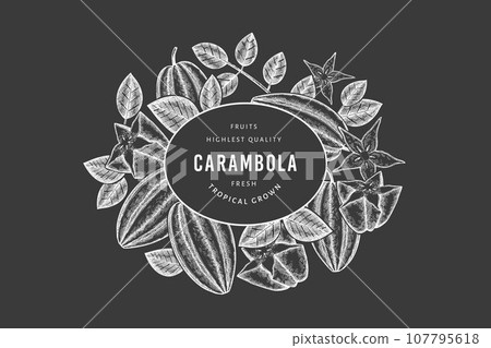 Hand drawn sketch style carambola banner. Organic fresh fruit vector illustration on chalk board. Retro fruit design template 107795618