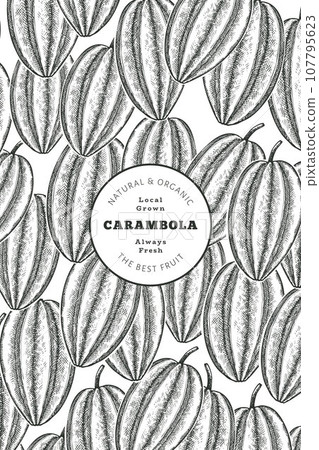 Hand drawn sketch style carambola banner. Organic fresh fruit vector illustration. Retro fruit design template 107795623