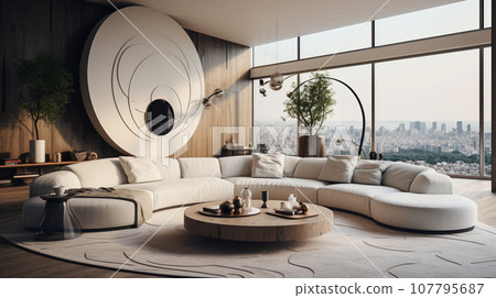 Ultra-modern living room with a sofa design, coffee table, and rug, AI Generated 107795687