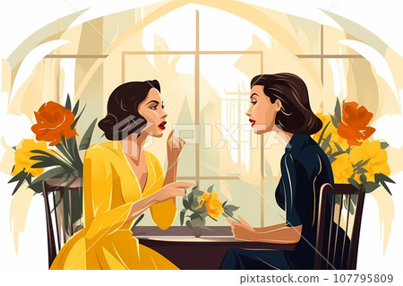 2 girlfriends gossiping in a restaurant over brunch on Sunday. wo stylish worried middle-aged women having an emotional conversation, exchanging important news and seeking advice 2 girlfriends gossiping in a restaurant over brunch on Sunday. wo stylish worried middle-aged women having an emotional conversation, exchanging important news and seeking advice 107795809