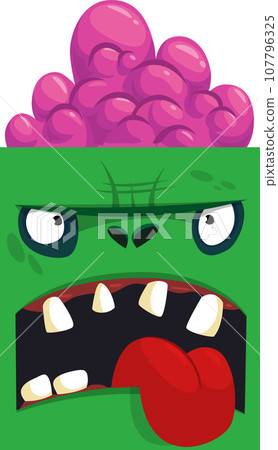 Cartoon angry zombie face avatar. Halloween vector illustration of funny zombie moaning with wide open mouth full of teeth. Great for decoration or package design. Cartoon angry zombie face avatar. Halloween vector illustration of funny zombie moaning with wide open mouth full of teeth. Great for decoration or package design. 107796325