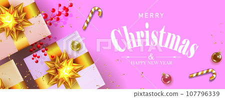 Christmas card, multi-colored gift boxes with a golden shiny bow 107796339