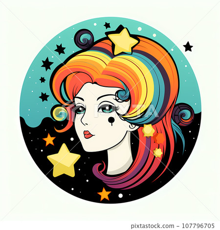 Profile portrait of a cute young girl with colorful hair decorated with stars. Face of a pretty sad woman 107796705