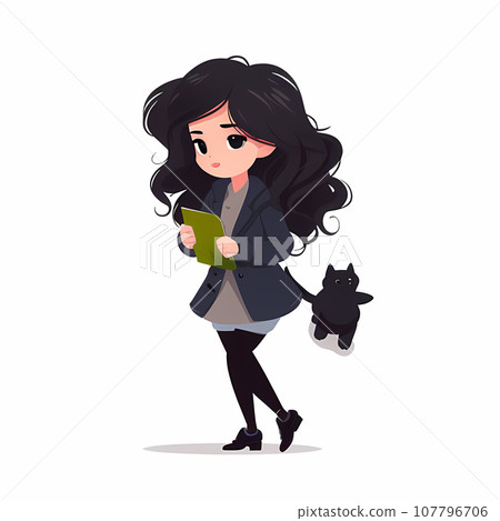 Cute school girl holding a book, walking with her cat. Cartoon cheerful woman dressed in formal wear going to work 107796706