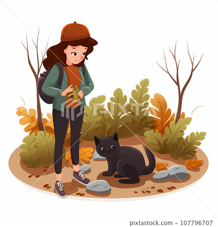 Cartoon white girl with a backpack walking with her cat in an autumn forest. Young cheerful woman and her pet in a park Cartoon white girl with a backpack walking with her cat in an autumn forest. Young cheerful woman and her pet in a park 107796707