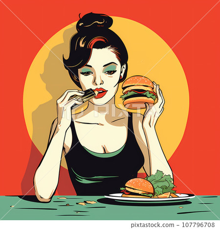 Young slim woman holding a burger in a fast-food restaurant. Hungry, pretty lady eating hamburgers with great enjoyment. Retro style illustration Young slim woman holding a burger in a fast-food restaurant. Hungry, pretty lady eating hamburgers with great enjoyment. Retro style illustration 107796708