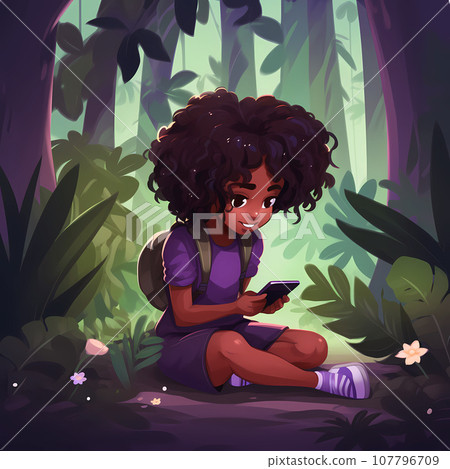 One black cartoon teenager using a cell phone in a park. Cheerful African teenage girl sitting in a tropical forest, playing a smartphone game, radiating happiness and joy 107796709